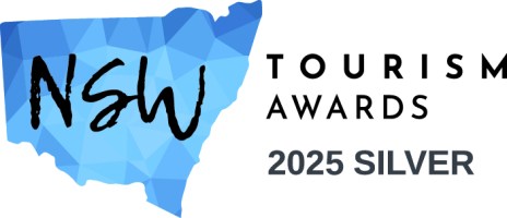 NSW Tourism Awards 2025 Silver logo in blue geometric shape.