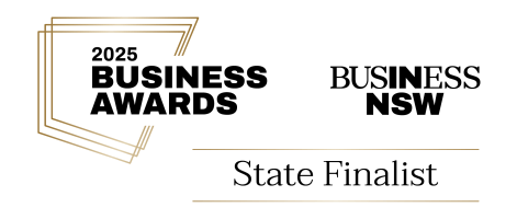 2025 Business Awards, Business NSW, State Finalist, decorative lines.