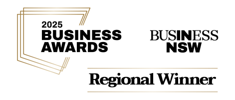 2025 Business Awards logo with 'Regional Winner' and 'Business NSW' text.