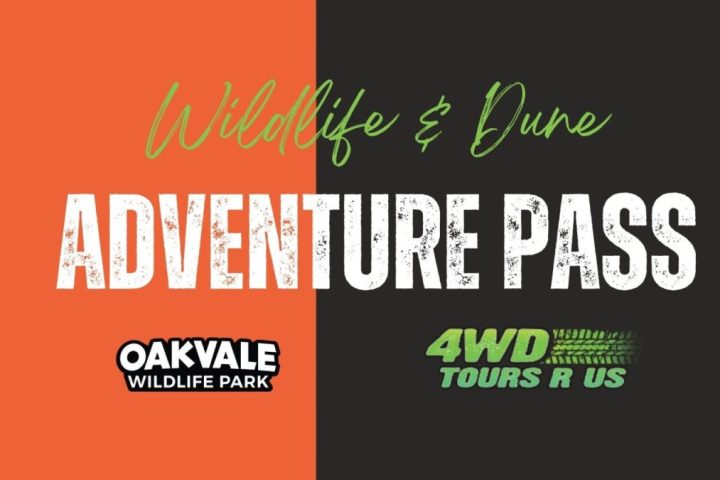 Wildlife & Dune Adventure Pass with Oakvale and 4WD Tours logos on orange and black background.